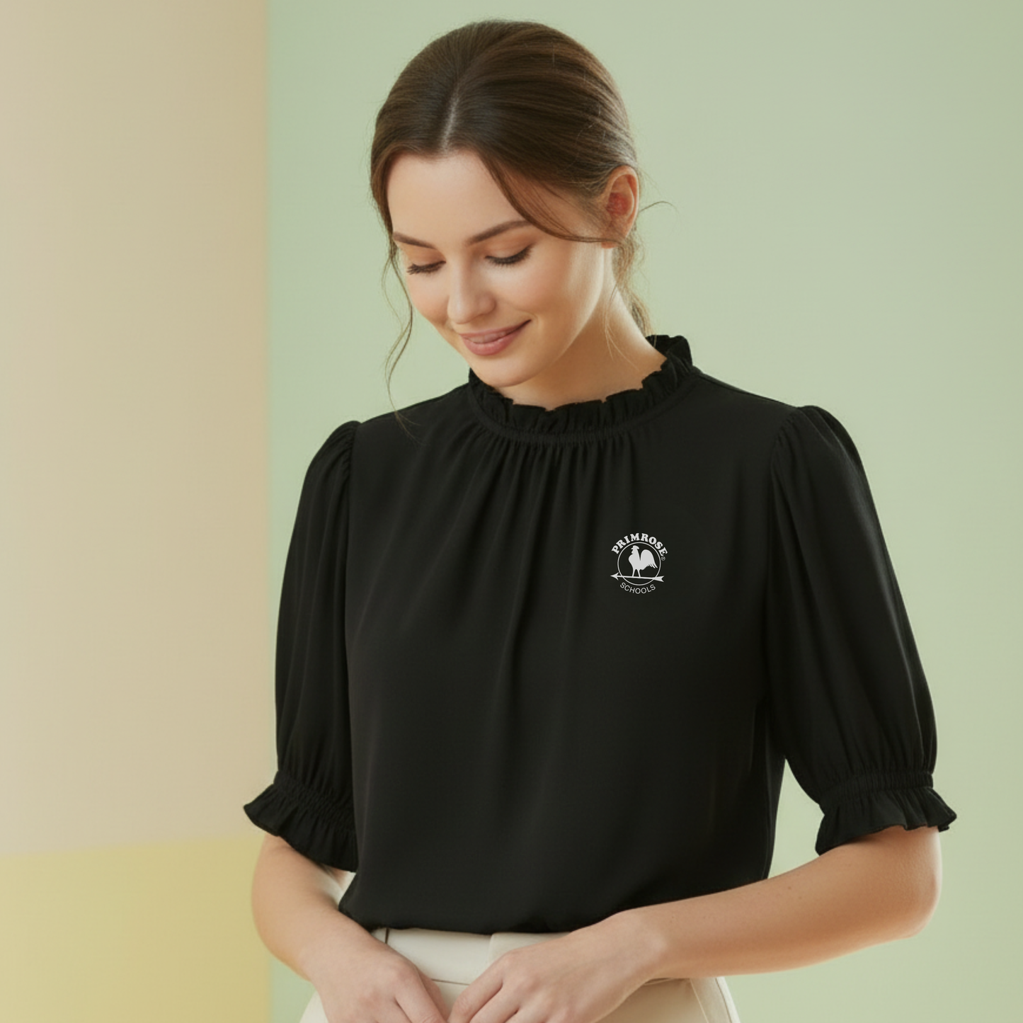 Women's Twill Short Puff Sleeve Ruffle Smocked Shirt