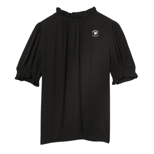 Women's Twill Short Puff Sleeve Ruffle Smocked Shirt