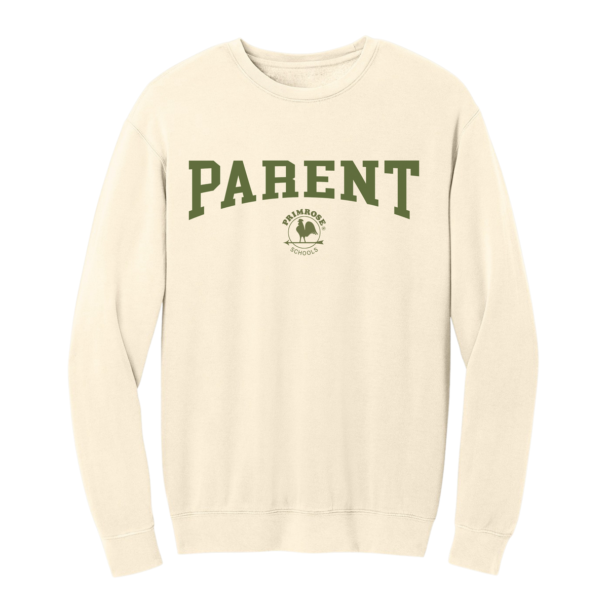 An off-white crewneck sweatshirt featuring the word 'PARENT' printed in dark green varsity block letters across the chest, with a small 'PARENTED' logo underneath.