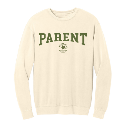 An off-white crewneck sweatshirt featuring the word 'PARENT' printed in dark green varsity block letters across the chest, with a small 'PARENTED' logo underneath.