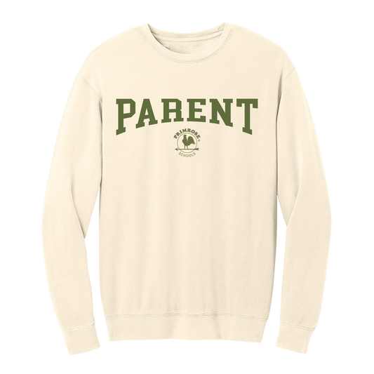 An off-white crewneck sweatshirt featuring the word 'PARENT' printed in dark green varsity block letters across the chest, with a small 'PARENTED' logo underneath.